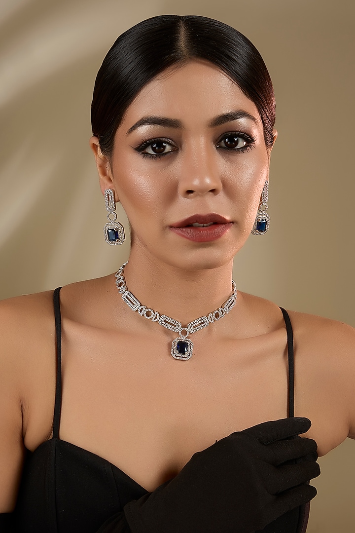 White Gold Finish Blue Cubic Zirconia Necklace Set by Minaki at Pernia's Pop Up Shop