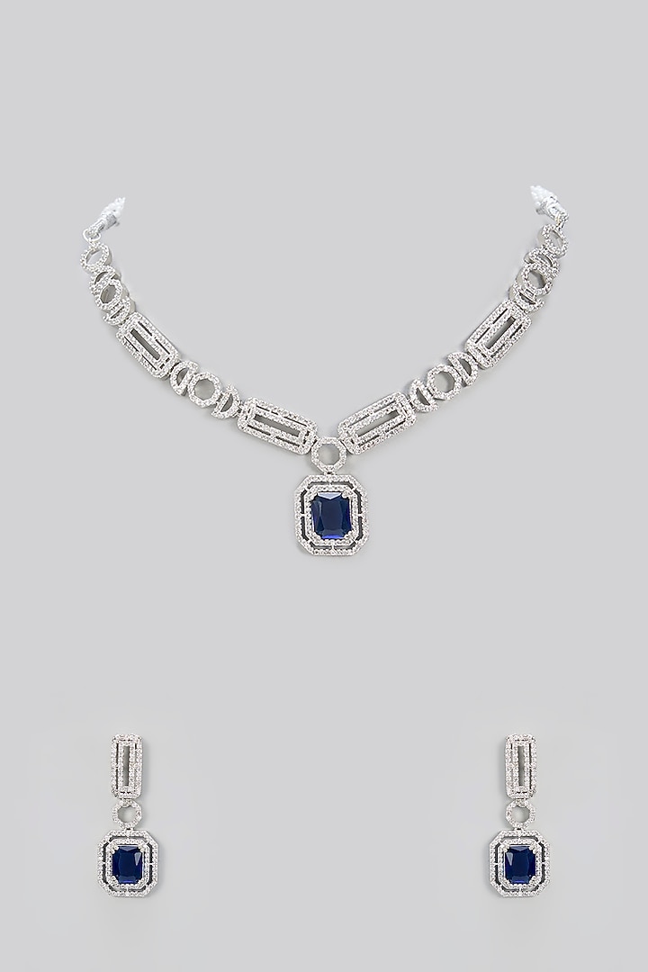White Gold Finish Blue Cubic Zirconia Necklace Set by Minaki at Pernia's Pop Up Shop