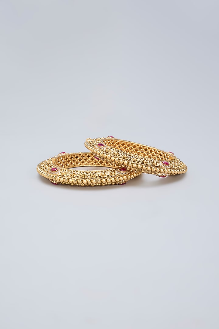 Gold Finish Ruby Kemp Stone Kadas (Set Of 2) by Minaki at Pernia's Pop Up Shop