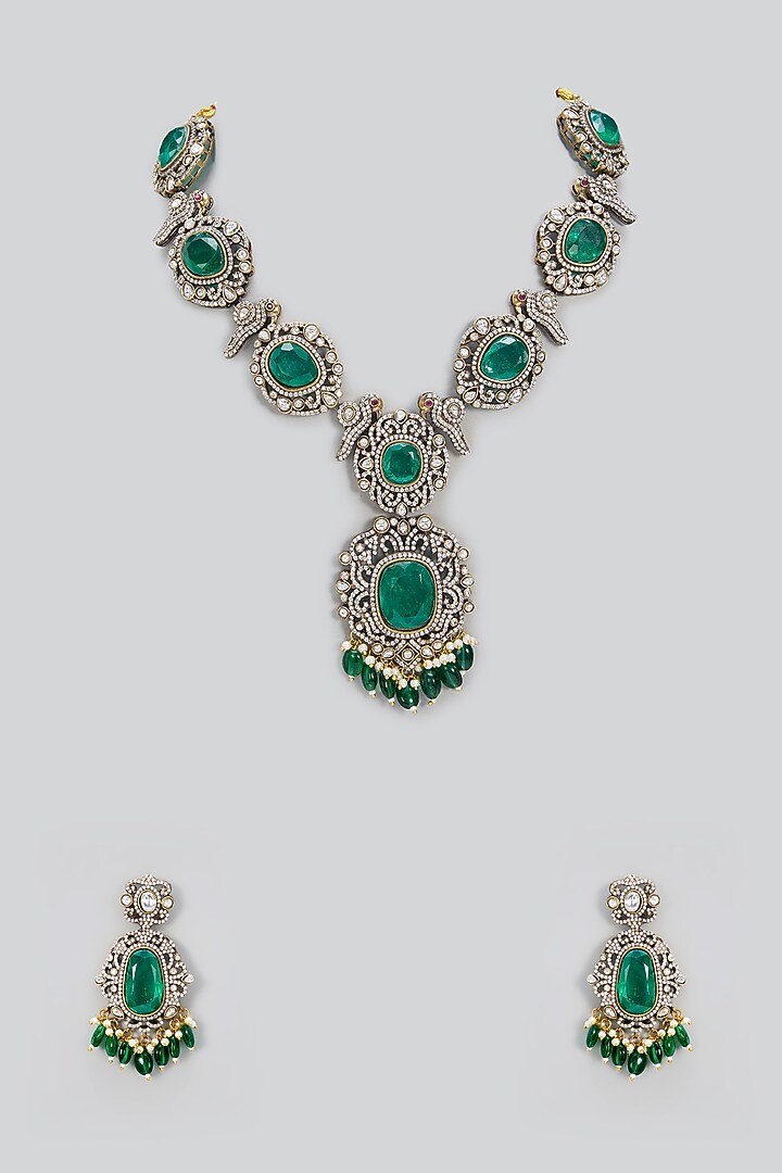 Two Tone Finish Kundan Polki & Emerald Stone Long Necklace Set by Minaki at Pernia's Pop Up Shop