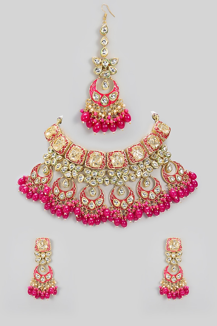 Gold Plated Kundan Polki & Pink Beaded Meenakari Necklace Set by Minaki at Pernia's Pop Up Shop