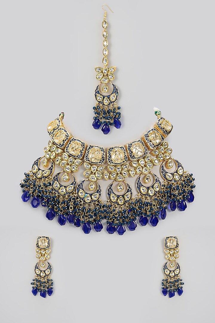 Gold Plated Kundan Polki & Blue Beaded Meenakari Necklace Set by Minaki at Pernia's Pop Up Shop
