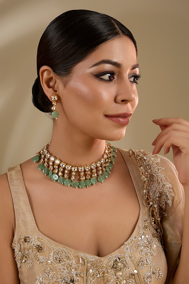 Gold Plated Kundan Polki & Green Beaded Necklace Set by Minaki at Pernia's Pop Up Shop
