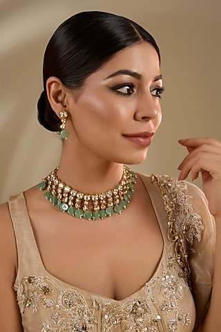 Gold Plated Kundan Polki & Green Beaded Necklace Set by Minaki