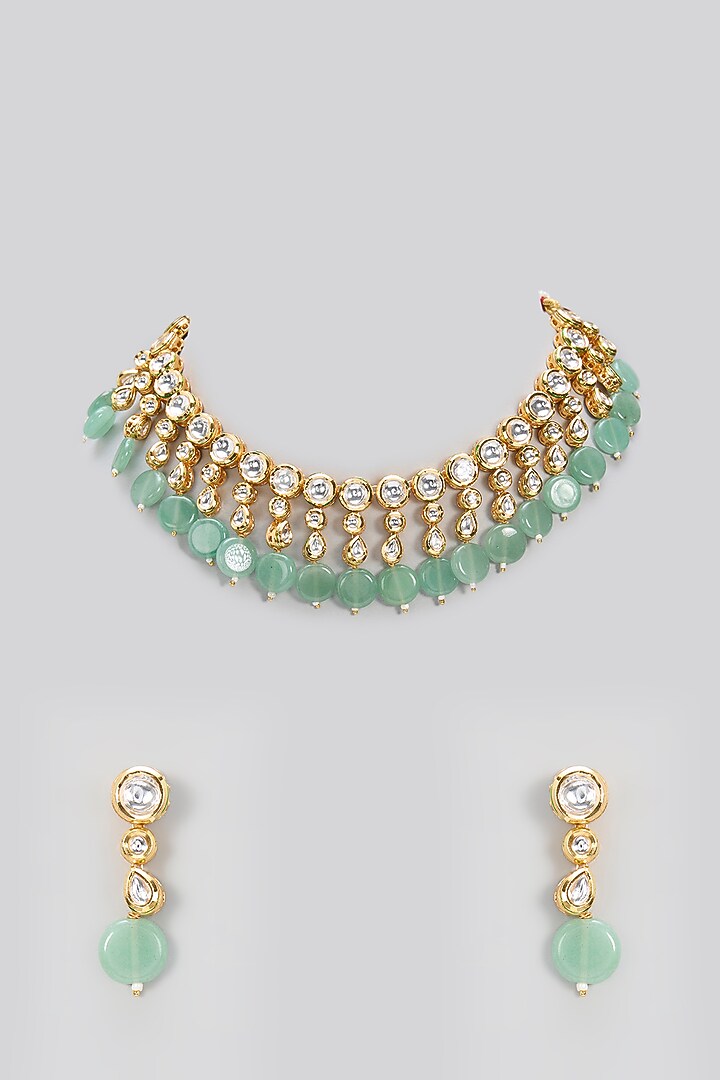 Gold Plated Kundan Polki & Green Beaded Necklace Set by Minaki at Pernia's Pop Up Shop