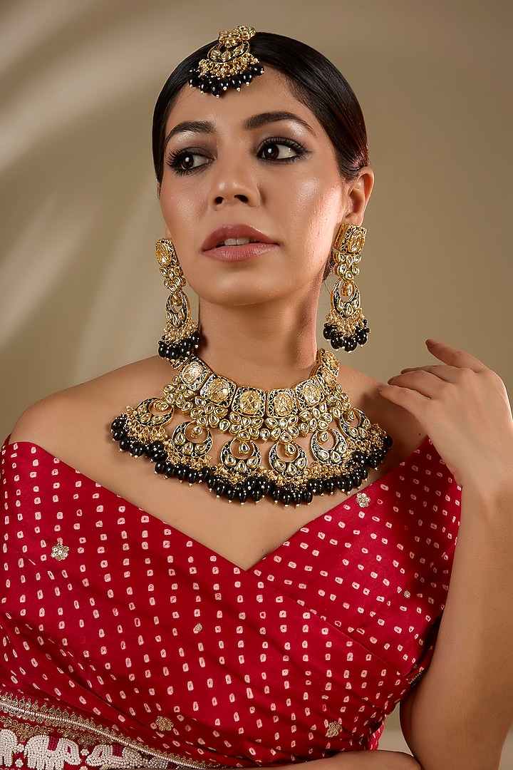 Gold Plated Kundan Polki & Black Beaded Meenakari Necklace Set by Minaki at Pernia's Pop Up Shop