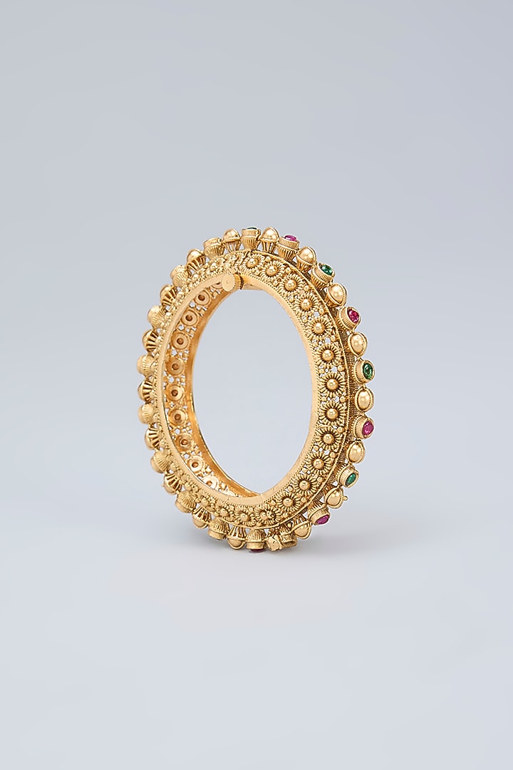 Gold Finish Ruby & Emerald Kemp Stone Kadas (Set Of 2) by Minaki at Pernia's Pop Up Shop
