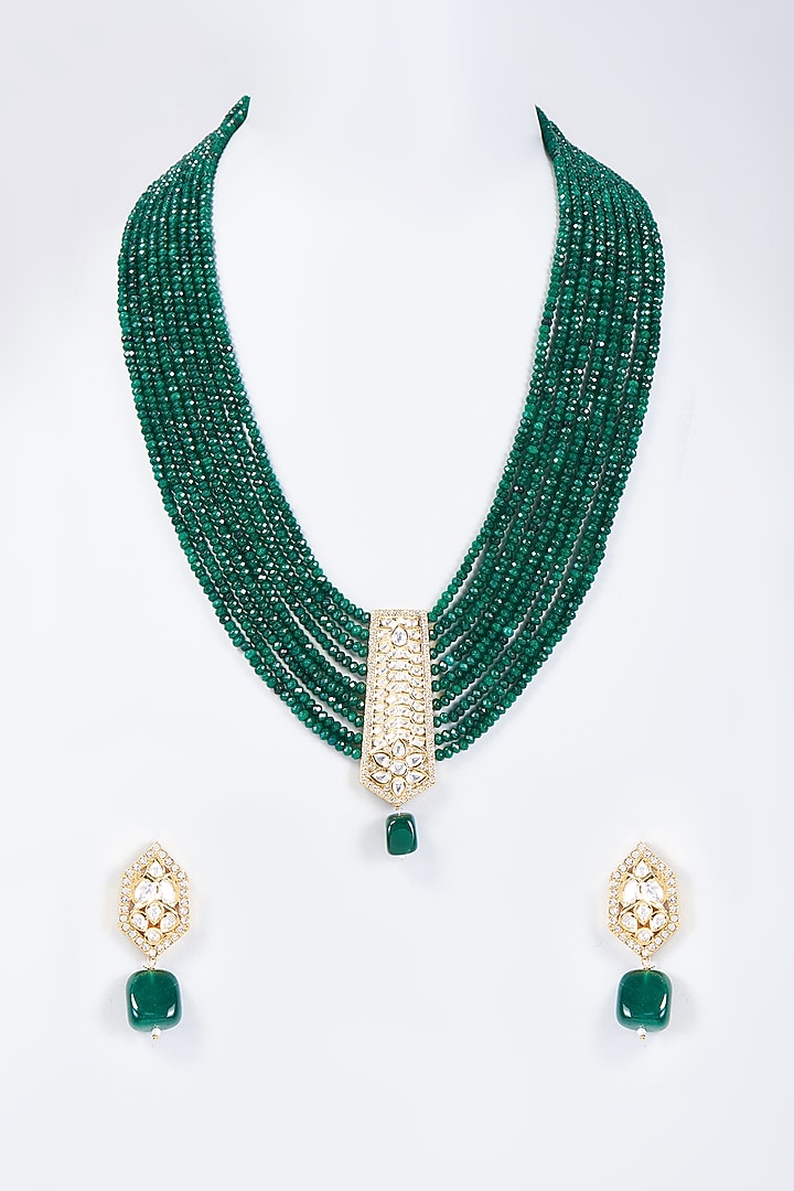 Gold Plated Green Bead & Kundan Polki Long Necklace Set by Minaki at Pernia's Pop Up Shop