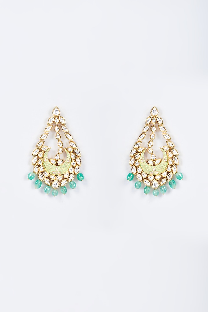 Gold Plated Green Bead & Kundan Polki Meenakari Dangler Earrings by Minaki at Pernia's Pop Up Shop