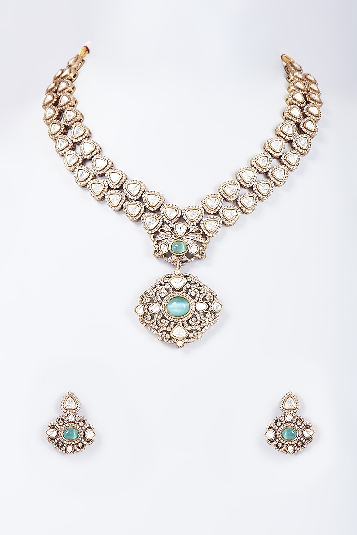 Two Tone Finish Kundan Polki & Mint Green Stone Necklace Set by Minaki at Pernia's Pop Up Shop