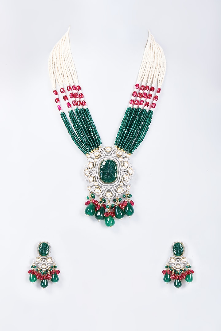 White Finish Kundan Polki & Emerald Long Pendant Necklace Set by Minaki at Pernia's Pop Up Shop