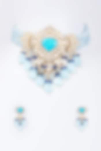 Gold Plated Kundan Polki & Blue Bead Choker Necklace Set by Minaki
