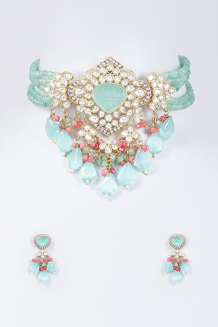Gold Plated Kundan Polki & Mint Green Bead Choker Necklace Set by Minaki