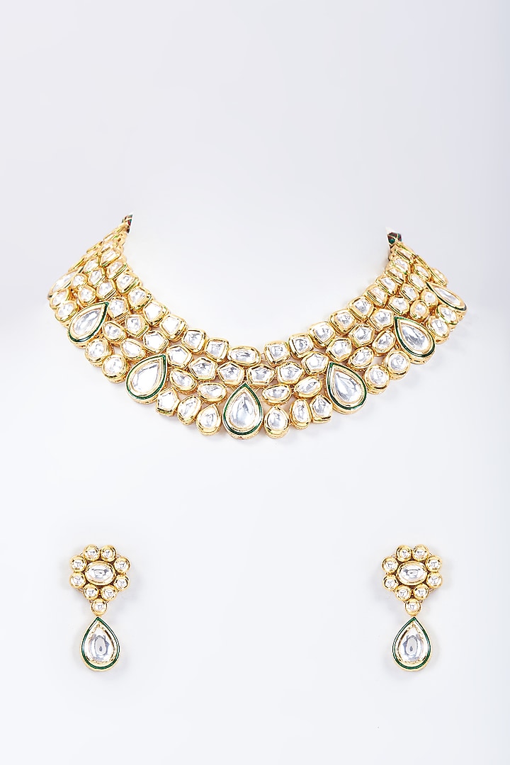 Gold Plated Kundan Polki & Green Meenakari Necklace Set by Minaki at Pernia's Pop Up Shop