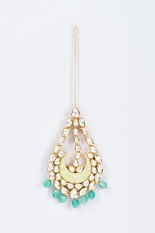 Gold Plated Kundan Polki & Green Bead Maang Tikka by Minaki