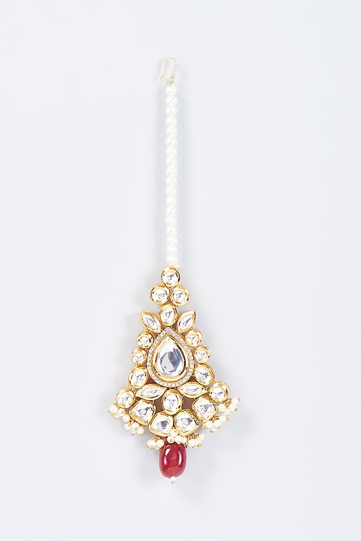 Gold Plated Kundan Polki & Red Bead Maang Tikka by Minaki at Pernia's Pop Up Shop