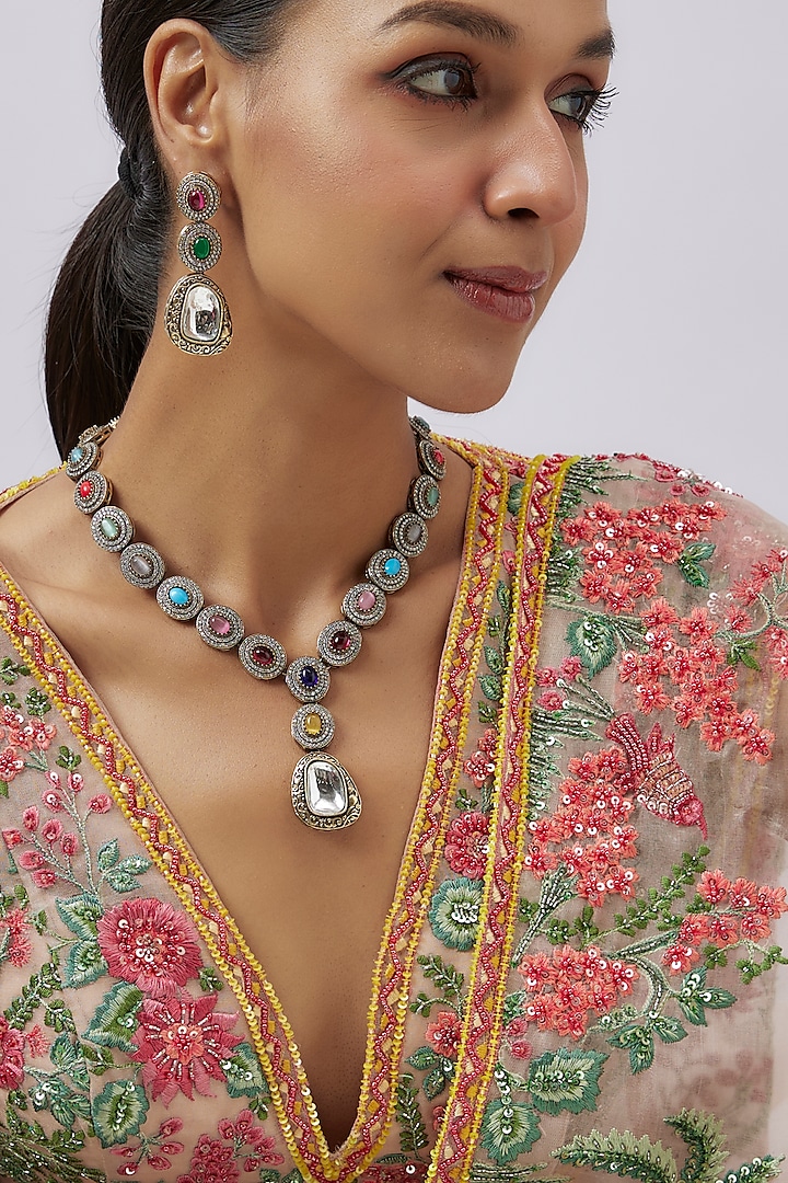 Two-Tone Finish Kundan Polki & Multi-Colored Stone Necklace Set by Minaki