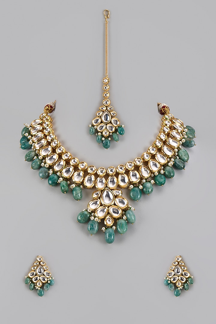 Gold Plated Kundan Polki & Green Beaded Necklace Set by Minaki at Pernia's Pop Up Shop