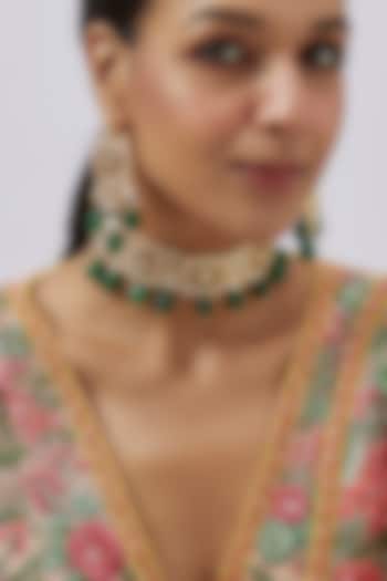 Gold Plated Kundan Polki & Emerald Green Beaded Choker Necklace Set by Minaki