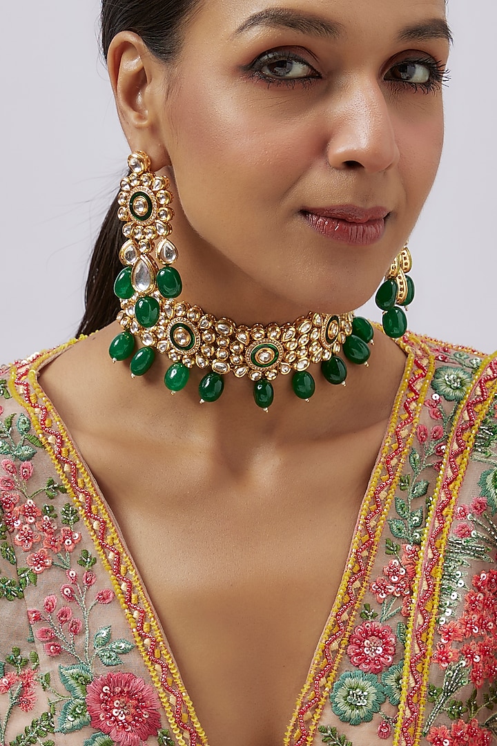 Gold Plated Kundan Polki & Emerald Green Beaded Choker Necklace Set by Minaki