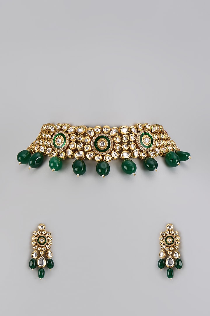 Gold Plated Kundan Polki & Emerald Green Beaded Choker Necklace Set by Minaki at Pernia's Pop Up Shop