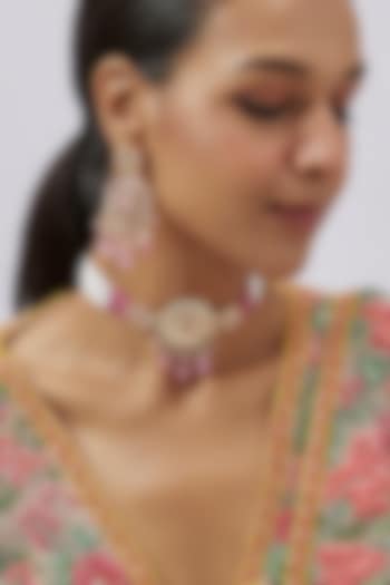 Gold Plated Kundan Polki & Pink Beaded Choker Necklace Set by Minaki