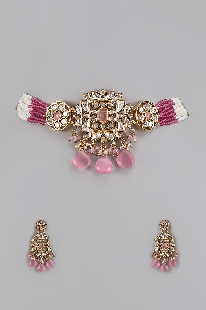 Gold Plated Kundan Polki & Pink Beaded Choker Necklace Set by Minaki at Pernia's Pop Up Shop