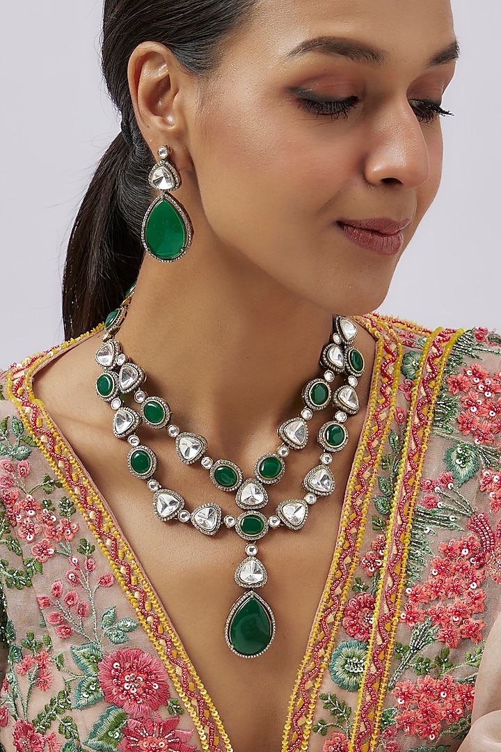 Two-Tone Finish Kundan Polki & Emerald Stone Layered Necklace Set by Minaki