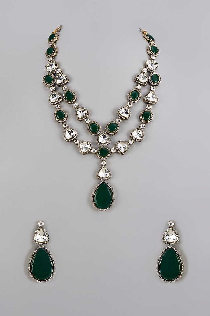 Two-Tone Finish Kundan Polki & Emerald Stone Layered Necklace Set by Minaki at Pernia's Pop Up Shop