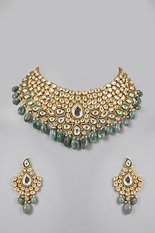 Gold Plated Meenakari Kundan Polki Necklace Set by Minaki