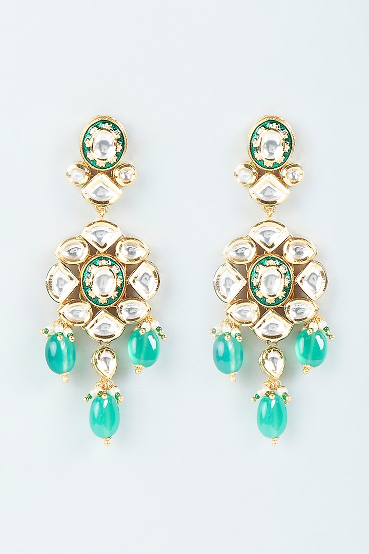 Gold Plated Green Agate Meenakari Dangler Earrings by Minaki