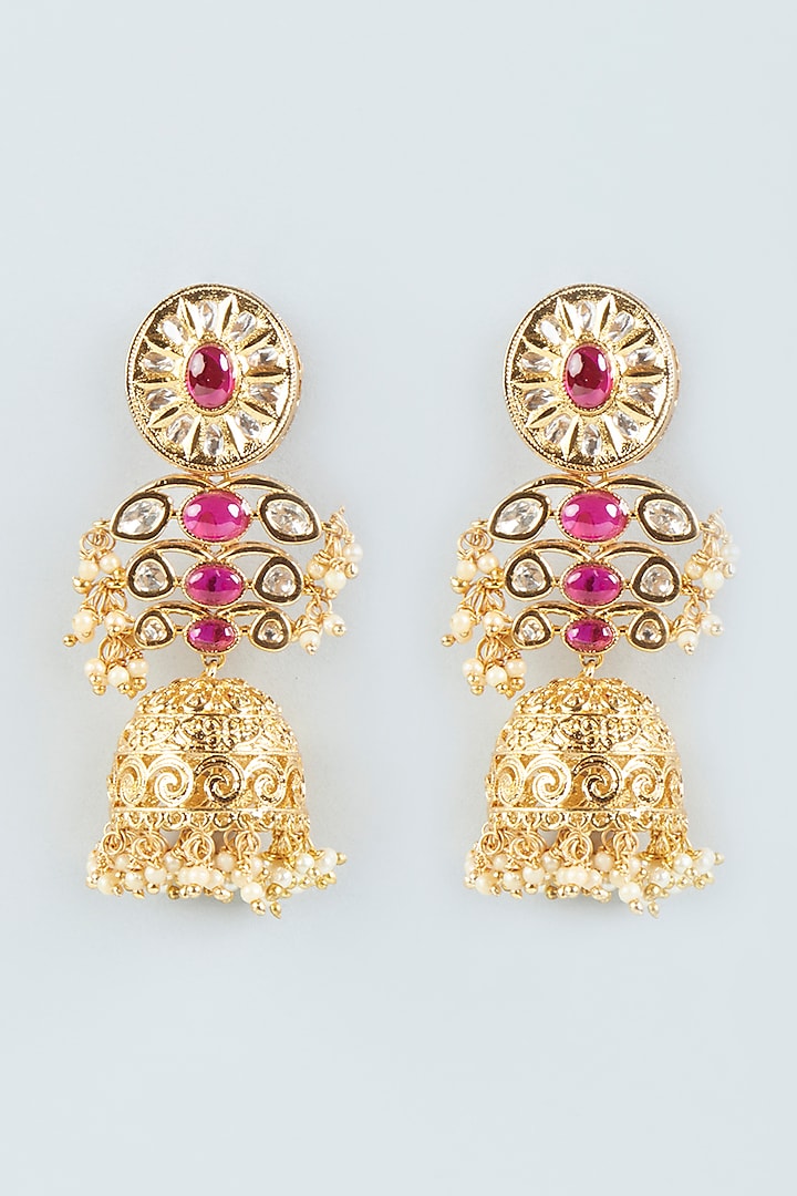 Gold Plated Ruby Stone Jhumka Earrings by Minaki
