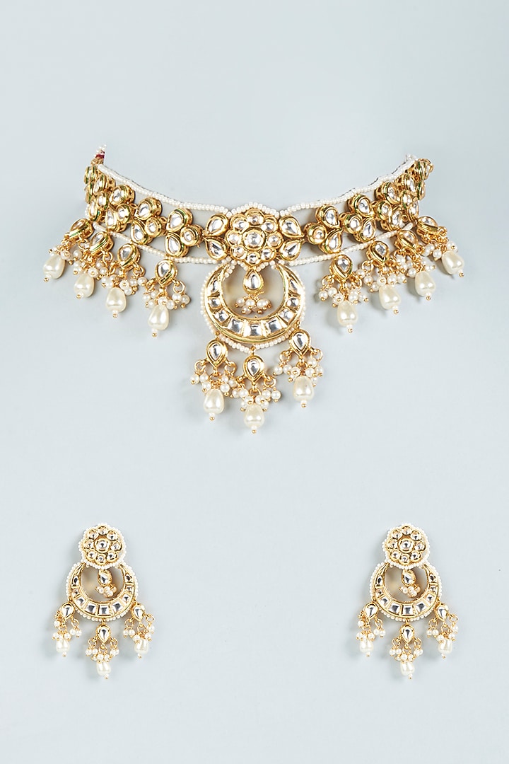 Gold Plated Kundan Polki & Pearl Choker Necklace Set by Minaki at Pernia's Pop Up Shop