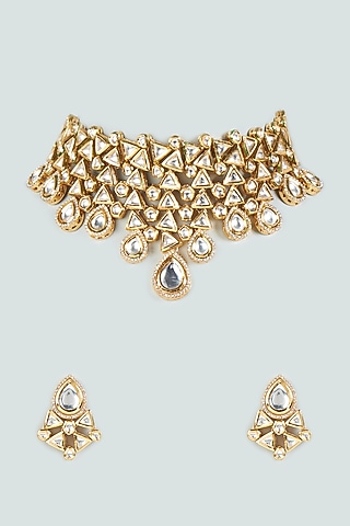Gold Plated Choker Necklace Set With Kundan Polki by Minaki