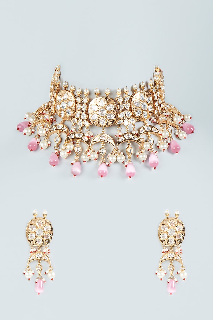 Rose Gold Plated Pink Stone & Pearl Choker Necklace Set by Minaki