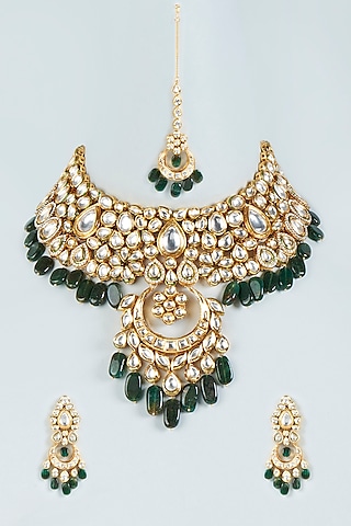 Gold Plated Green Agate Beaded Choker Necklace Set by Minaki
