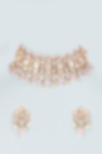 Gold Plated Pearl & Pink Stone Choker Necklace Set by Minaki
