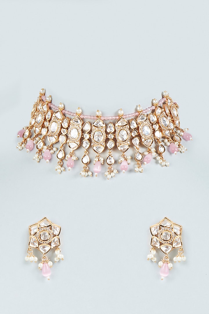 Gold Plated Pearl & Pink Stone Choker Necklace Set by Minaki at Pernia's Pop Up Shop