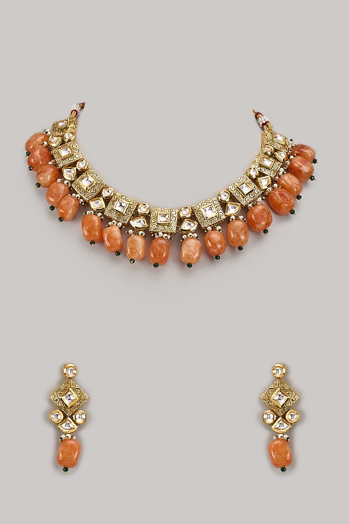 Gold Plated Kundan Polki & Orange Beaded Necklace Set by Minaki at Pernia's Pop Up Shop