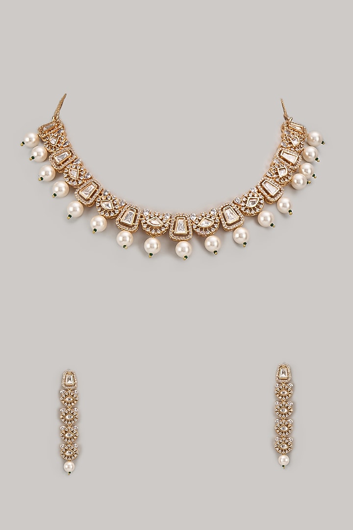 Gold Plated Kundan Polki & Pearl Necklace Set by Minaki at Pernia's Pop Up Shop