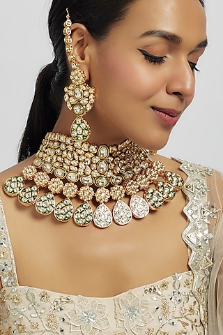 Gold Plated Kundan Polki Green Meenakari Choker Necklace Set by Minaki