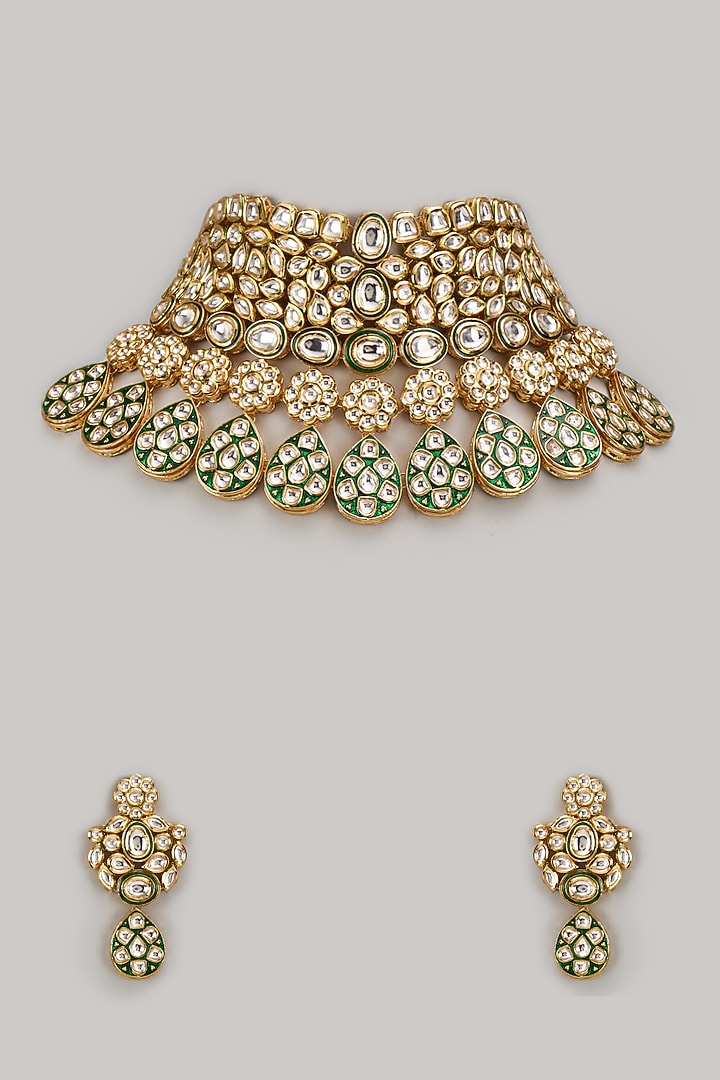 Gold Plated Kundan Polki Green Meenakari Choker Necklace Set by Minaki at Pernia's Pop Up Shop