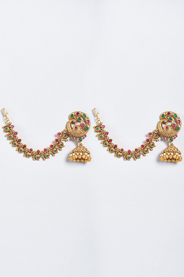 Gold Finish Peacock Jhumka Earrings by Minaki