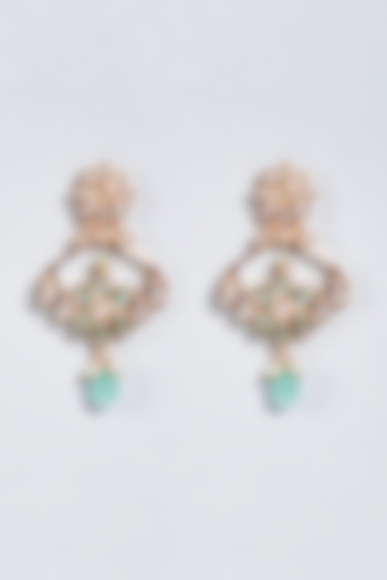 Gold Finish Earrings With Mint Green Stones by Minaki