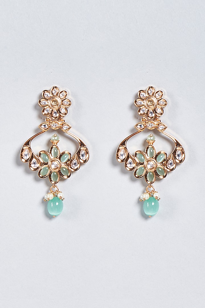 Gold Finish Earrings With Mint Green Stones by Minaki