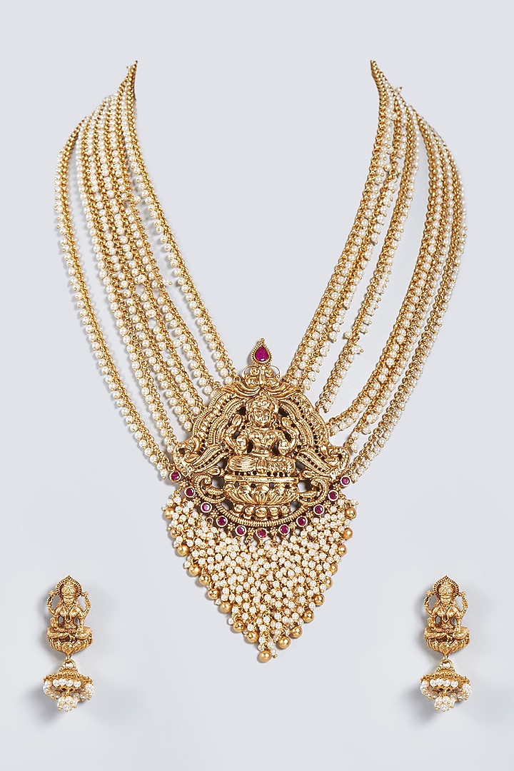 Gold Finish Lakshmi Pendant Necklace Set by Minaki at Pernia's Pop Up Shop
