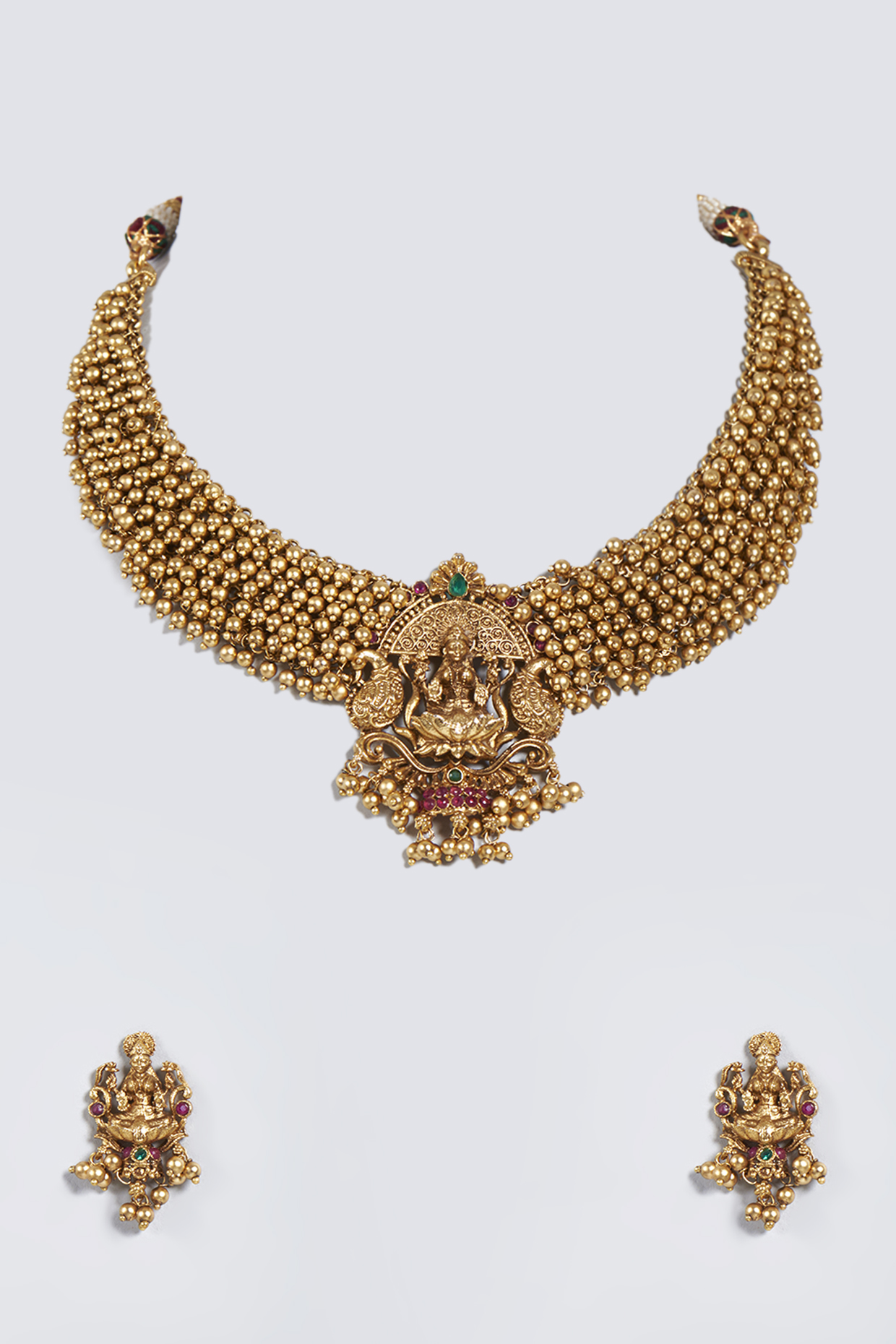 Gold Finish Lakshmi Pendant Necklace Set by Minaki at Pernia's Pop Up Shop