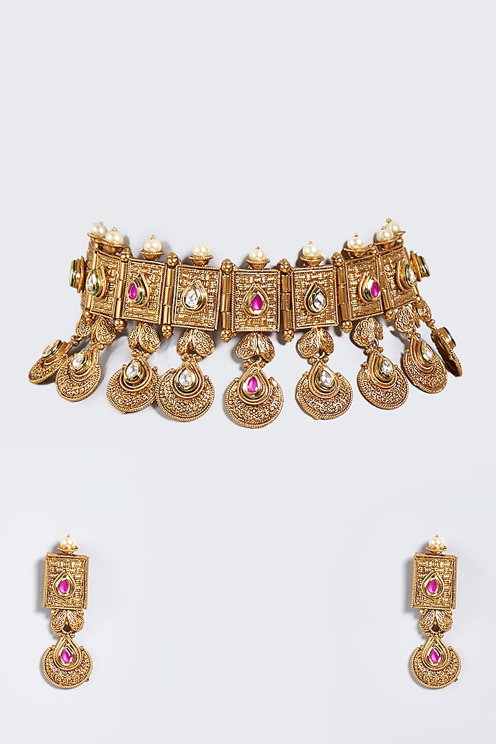 Gold Finish Temple Choker Necklace Set by Minaki