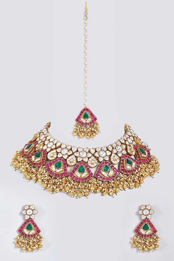 Gold Finish Kundan Polki Choker Necklace Set by Minaki at Pernia's Pop Up Shop