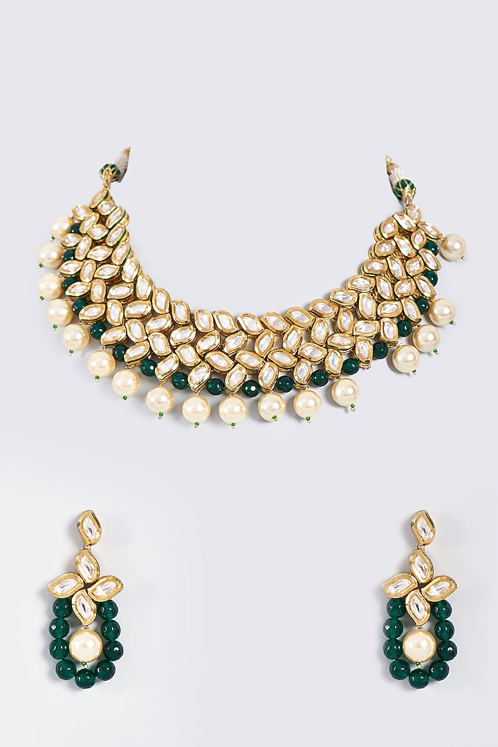 Gold Finish Pearl Choker Necklace Set by Minaki at Pernia's Pop Up Shop